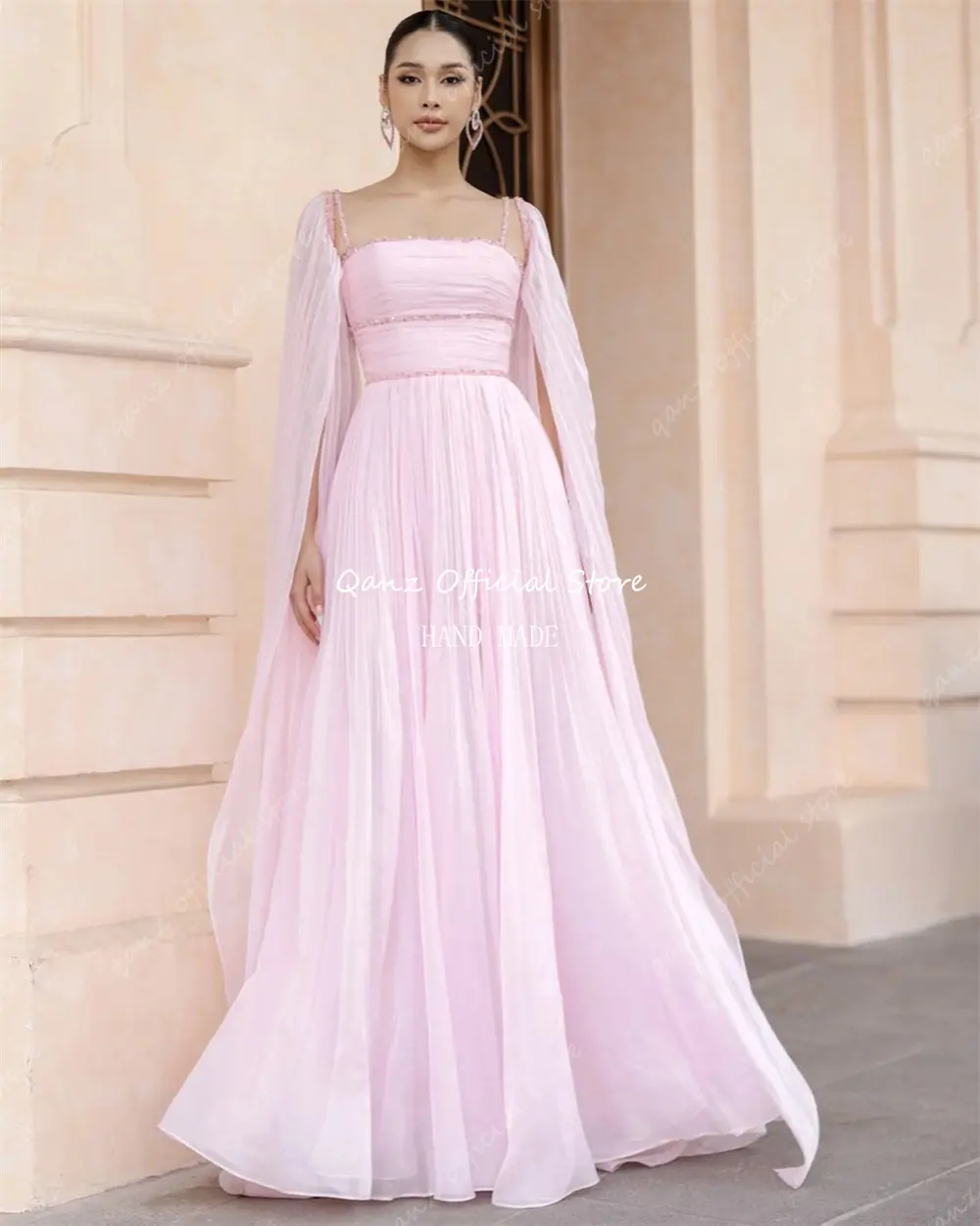 Qanz Elegant Chiffon Evening Dresses Long Cap Sleeves Backless Dubai Pageant Dresses for Women Vestidos De Fiesta Customized