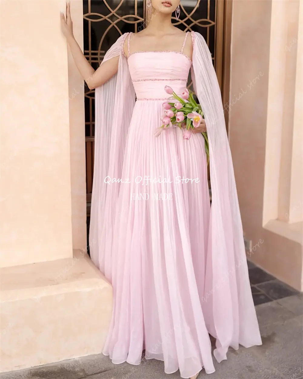 Qanz Elegant Chiffon Evening Dresses Long Cap Sleeves Backless Dubai Pageant Dresses for Women Vestidos De Fiesta Customized
