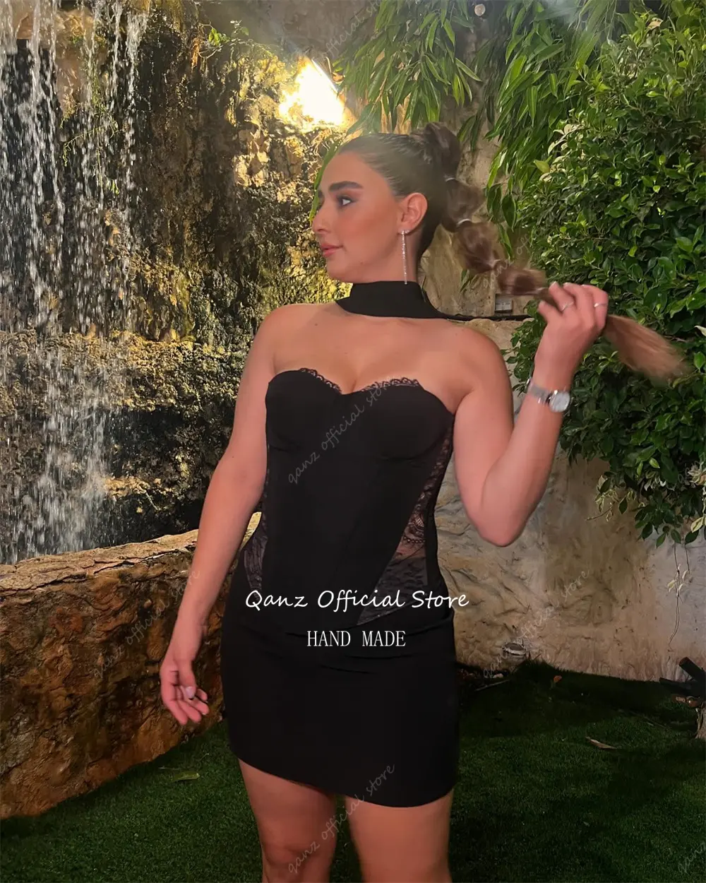 Qanz Sexy Mini Prom Dresses Black Lace Sleeveless Short Vestidos Para Eventos Especiales Sweetheart Corset Party Gown Customized