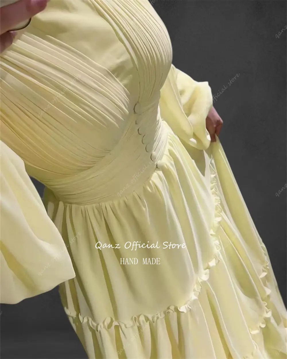 Qanz Modest Chiffon Evening Dresses Yellow Puff Sleeves Long A Line Saudi Arabia Formal Dresses Woman High Neck Customized