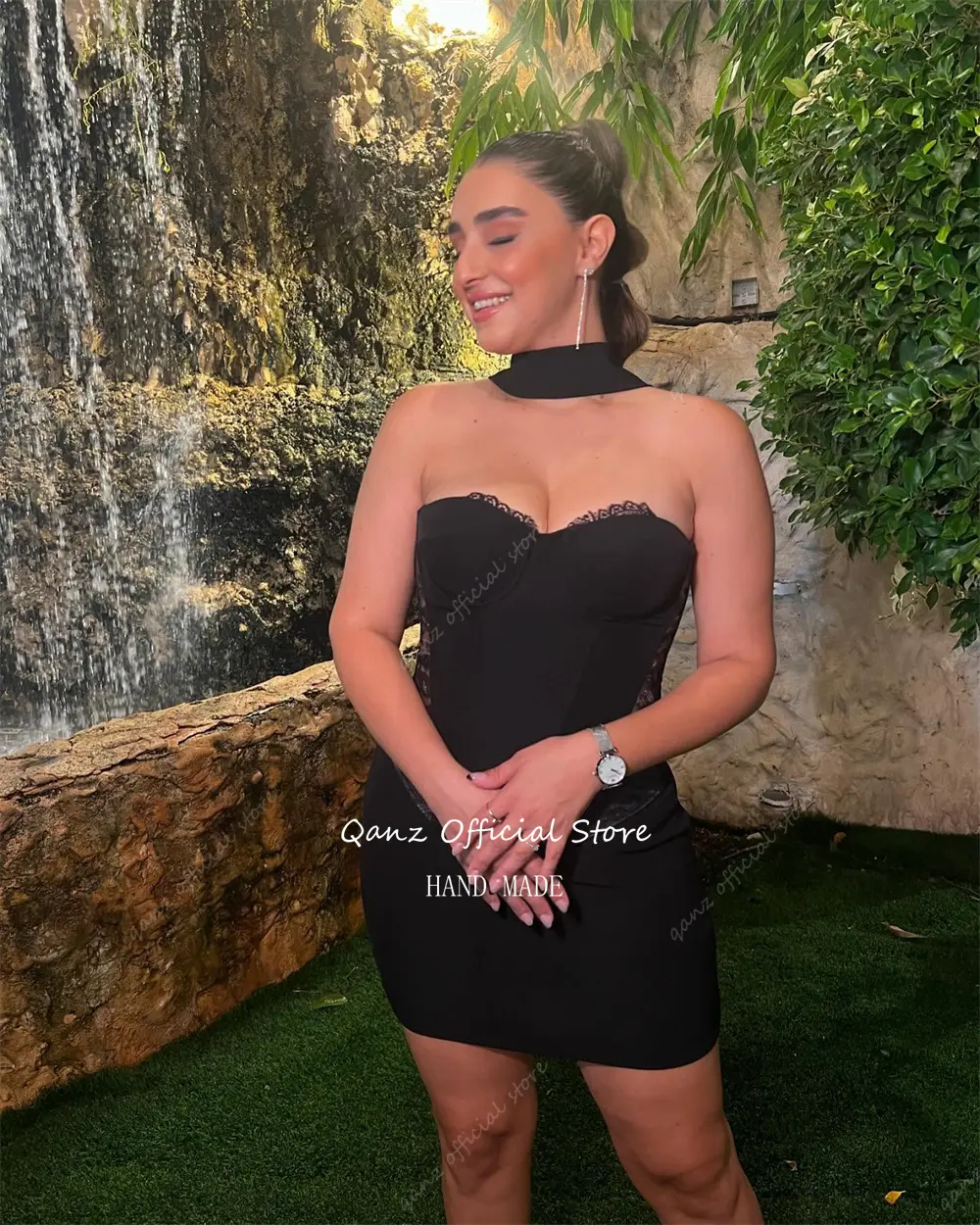 Qanz Sexy Mini Prom Dresses Black Lace Sleeveless Short Vestidos Para Eventos Especiales Sweetheart Corset Party Gown Customized
