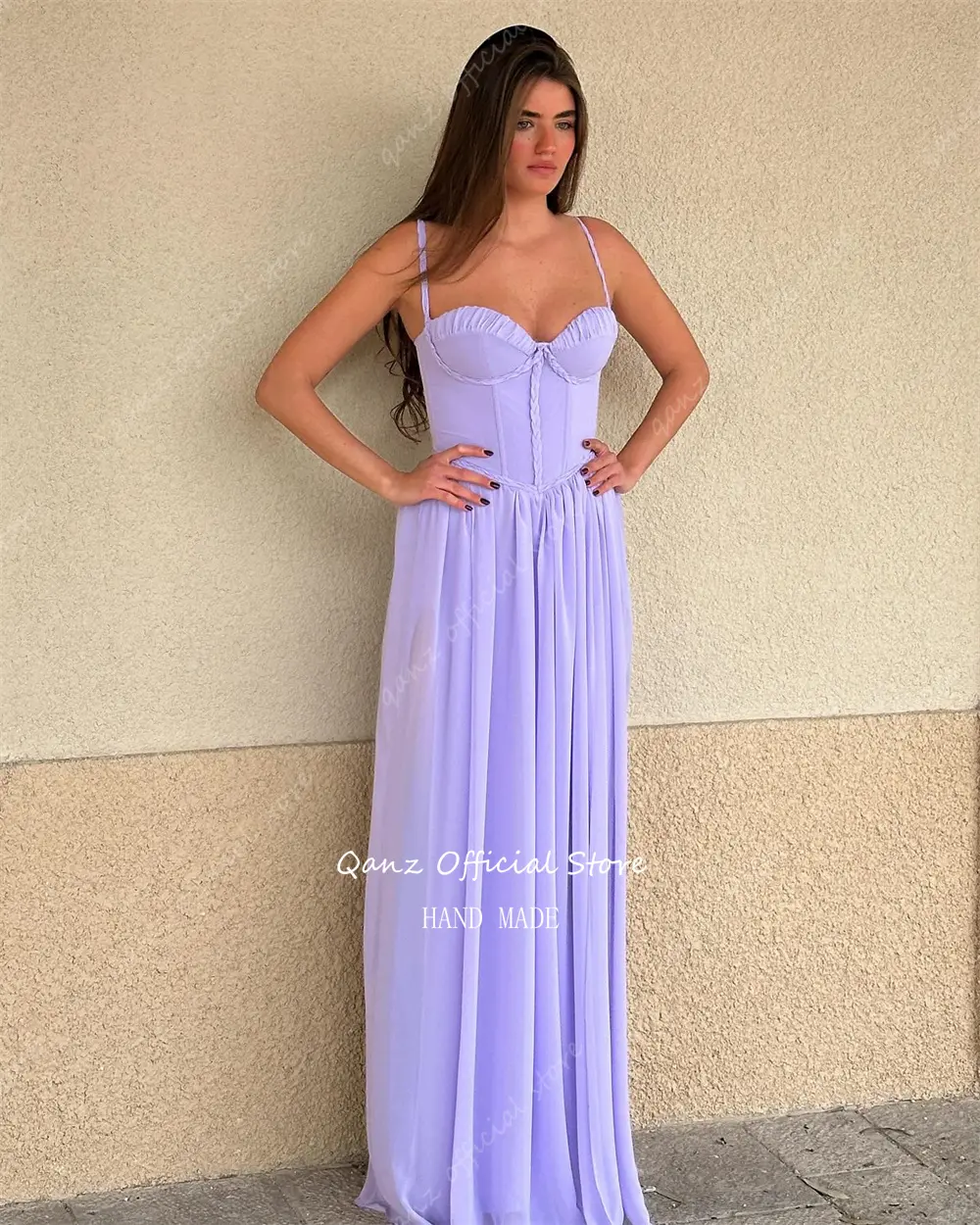 Qanz Lavender Chiffon Evening Dresses Spaghetti Straps High Slit Sexy Prom Dress Long A Line Corset Vestidos De Noche Customized