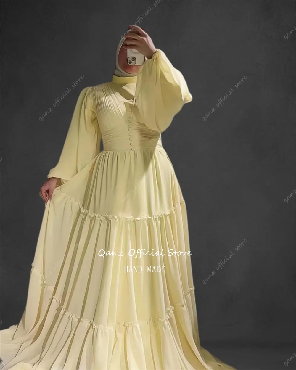 Qanz Modest Chiffon Evening Dresses Yellow Puff Sleeves Long A Line Saudi Arabia Formal Dresses Woman High Neck Customized