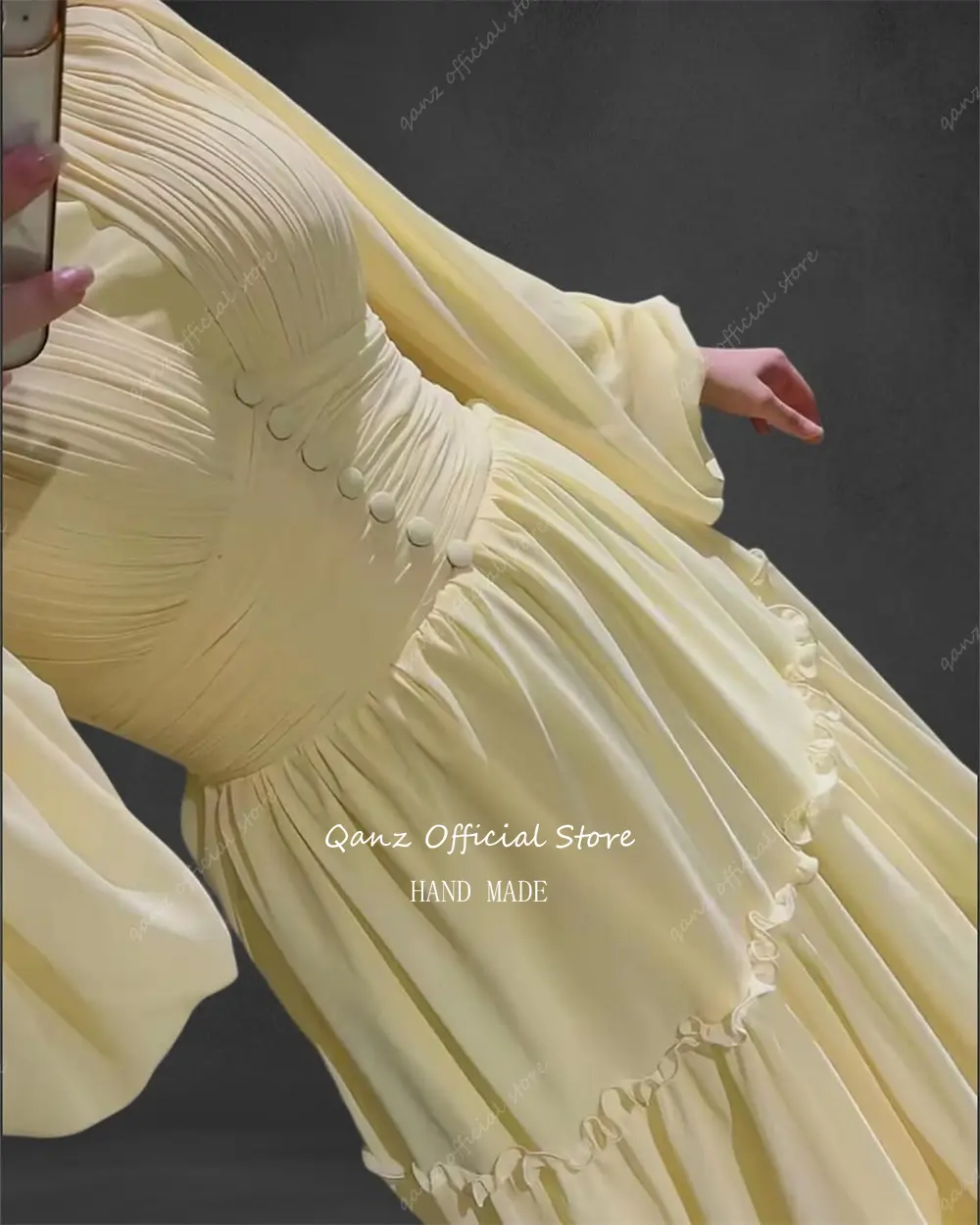 Qanz Modest Chiffon Evening Dresses Yellow Puff Sleeves Long A Line Saudi Arabia Formal Dresses Woman High Neck Customized