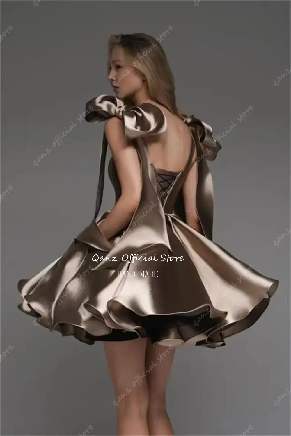 Qanz Short A line Homecoming Dresses Bow Straps Satin Vestidos De Fiesta Lace Up Back Sexy Birthday Dress Woman Customized