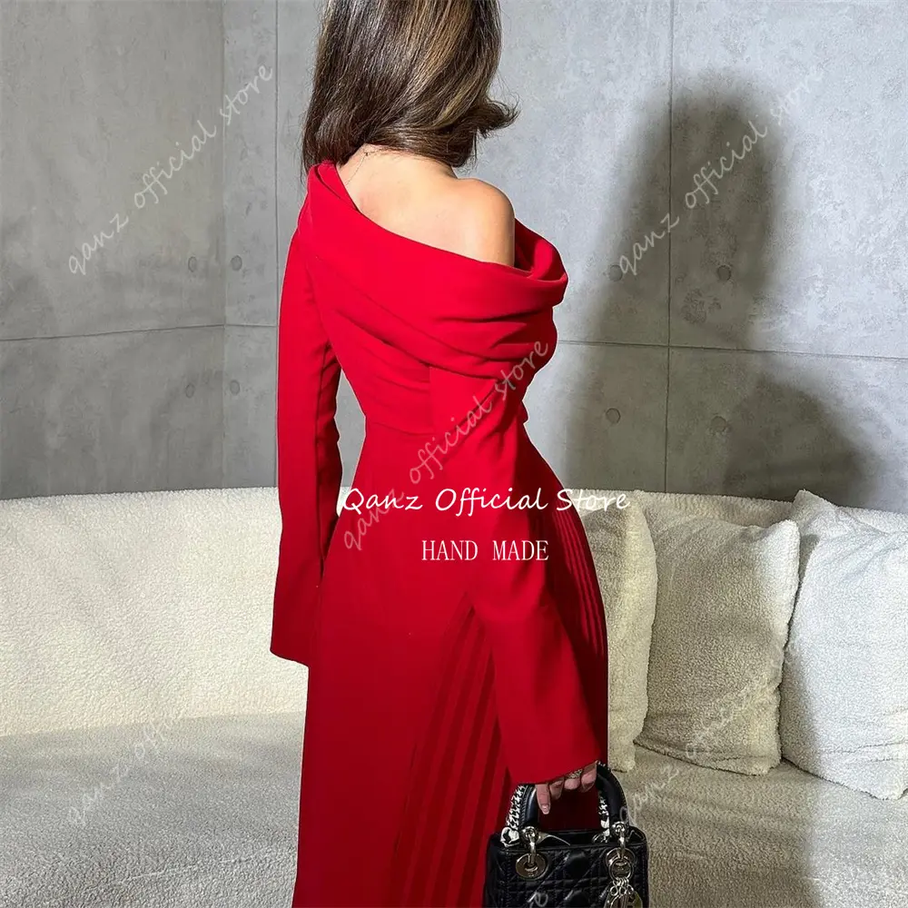 Qanz Dubai Red Evening Dresses High Leg Slit A Line Long Sleeves Vestido De Formatura Dress Women Elegant Party Customized