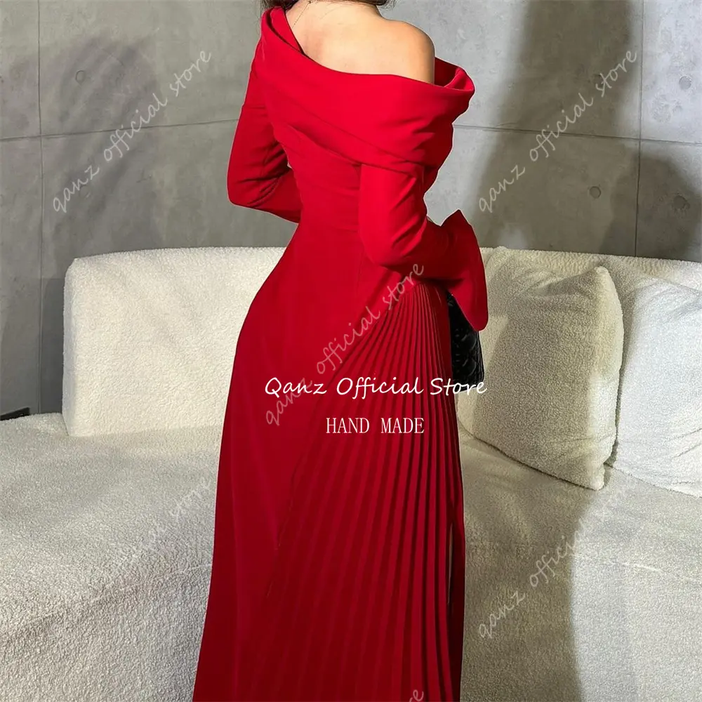 Qanz Dubai Red Evening Dresses High Leg Slit A Line Long Sleeves Vestido De Formatura Dress Women Elegant Party Customized