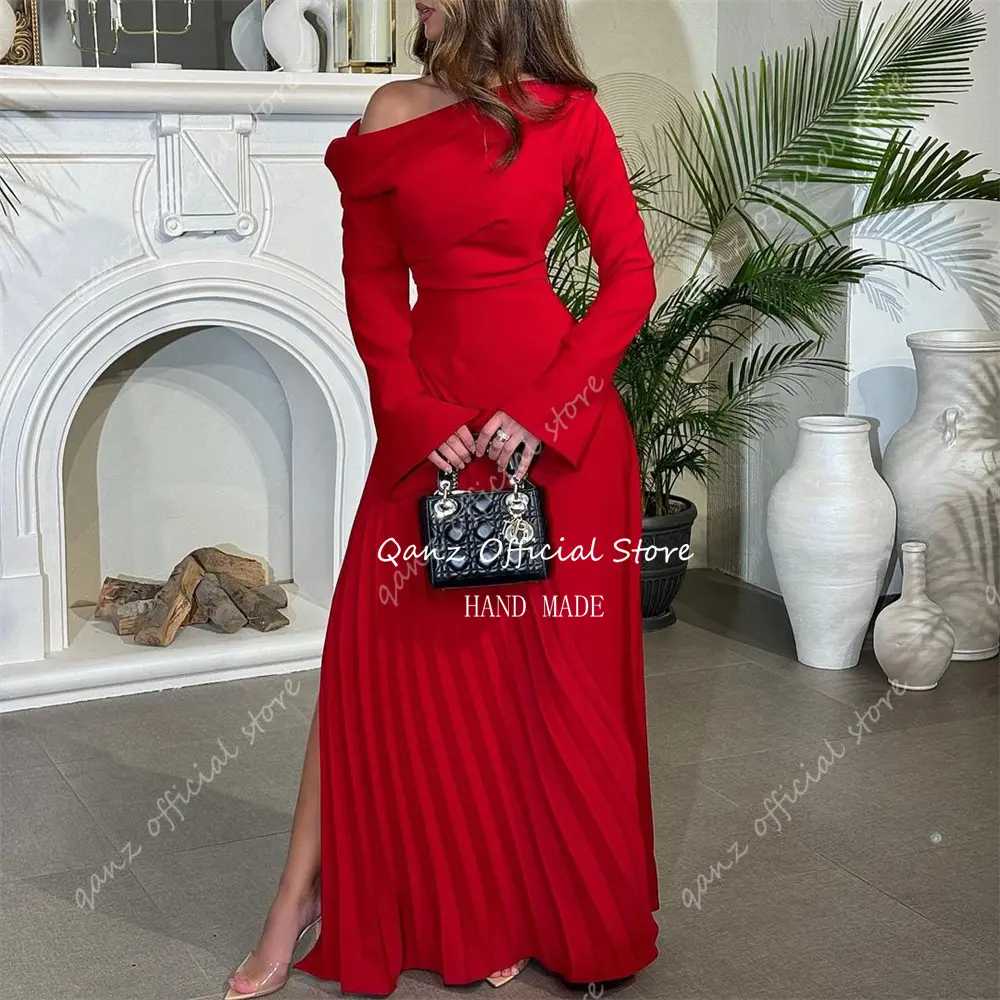 Qanz Dubai Red Evening Dresses High Leg Slit A Line Long Sleeves Vestido De Formatura Dress Women Elegant Party Customized
