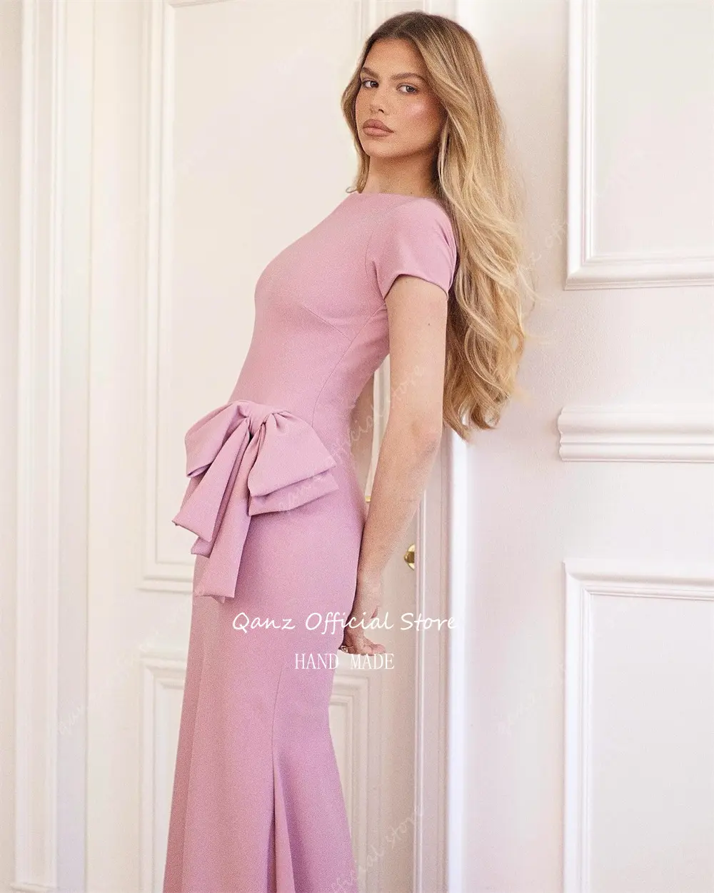 Qanz Elegant Satin Evening Dresses Mermaid Short Sleeves Robes De Soirée With Bow Vestidos De Boda Para Fiestas Customized