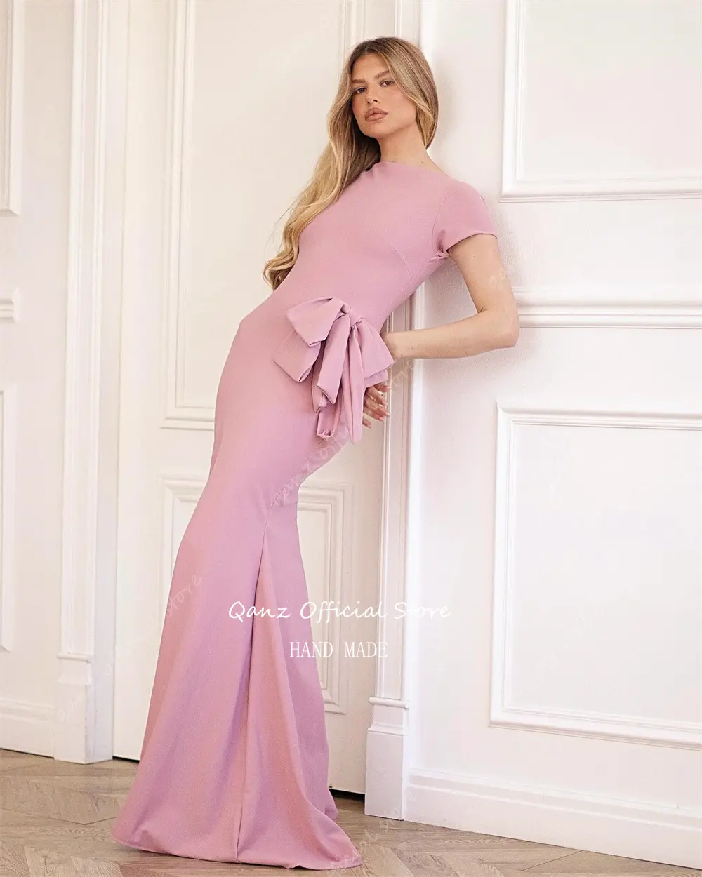 Qanz Elegant Satin Evening Dresses Mermaid Short Sleeves Robes De Soirée With Bow Vestidos De Boda Para Fiestas Customized