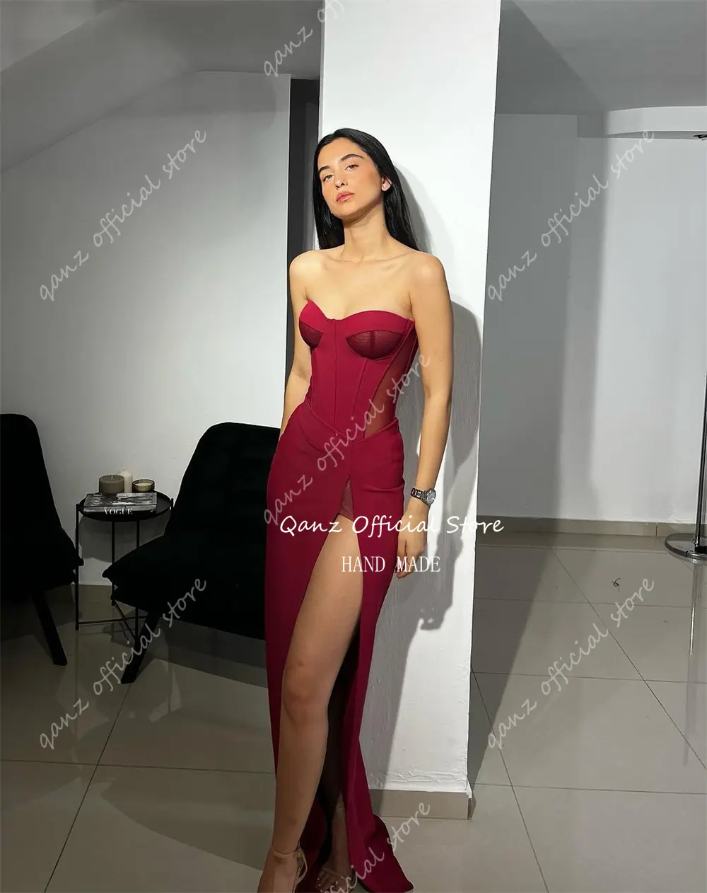 Qanz Burgundy Evening Dresses High Leg Slit Customized Mermaid Hochzeitspartykleid Vestido Formales Simples Y Elegante