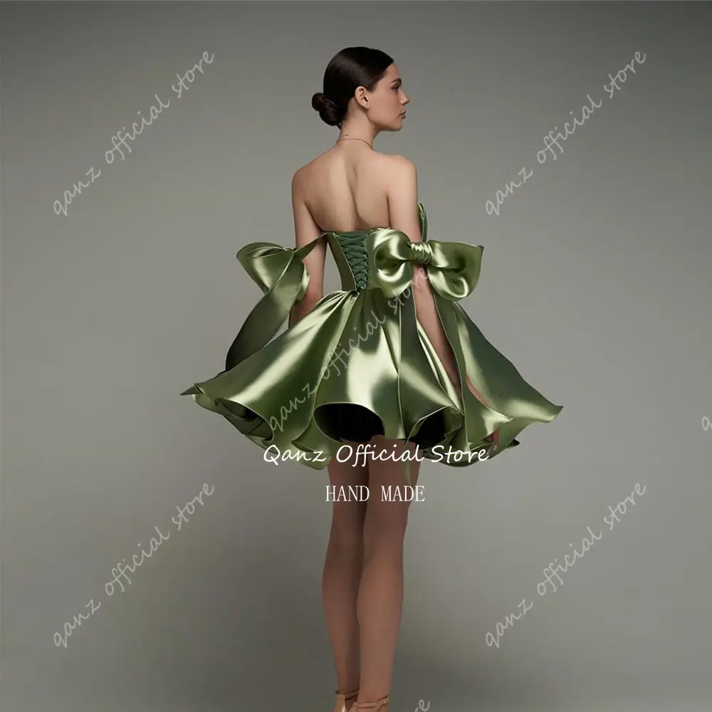 Qanz Short Vestidos De Graduaciones Mujer Juvenil Bow Straps Green Satin Mini Cocktail Dresses Customized Homecoming Dress