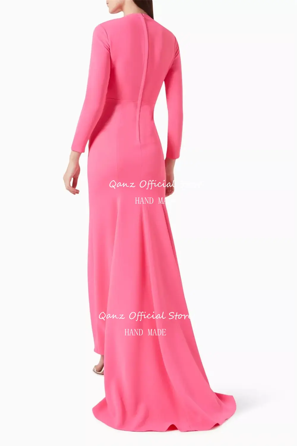 Qanz Elegant Mermaid Evening Dresses Dubai Abendkleid Long Sleeves Ruched Pleat O Neck Pink Formal Occasion Dresses Customized