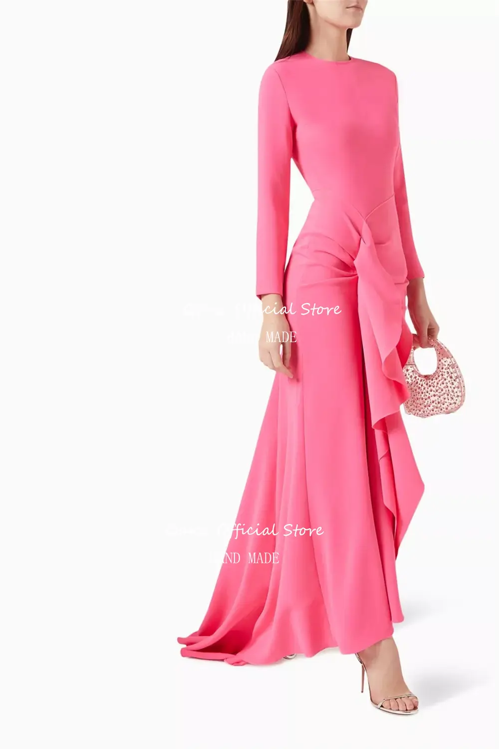Qanz Elegant Mermaid Evening Dresses Dubai Abendkleid Long Sleeves Ruched Pleat O Neck Pink Formal Occasion Dresses Customized
