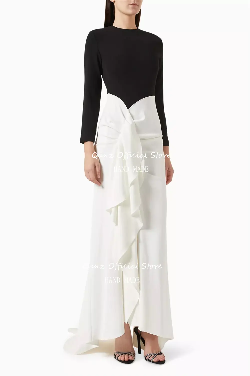 Qanz Elegant Mermaid Evening Dresses Dubai Abendkleid Long Sleeves Ruched Pleat O Neck Pink Formal Occasion Dresses Customized