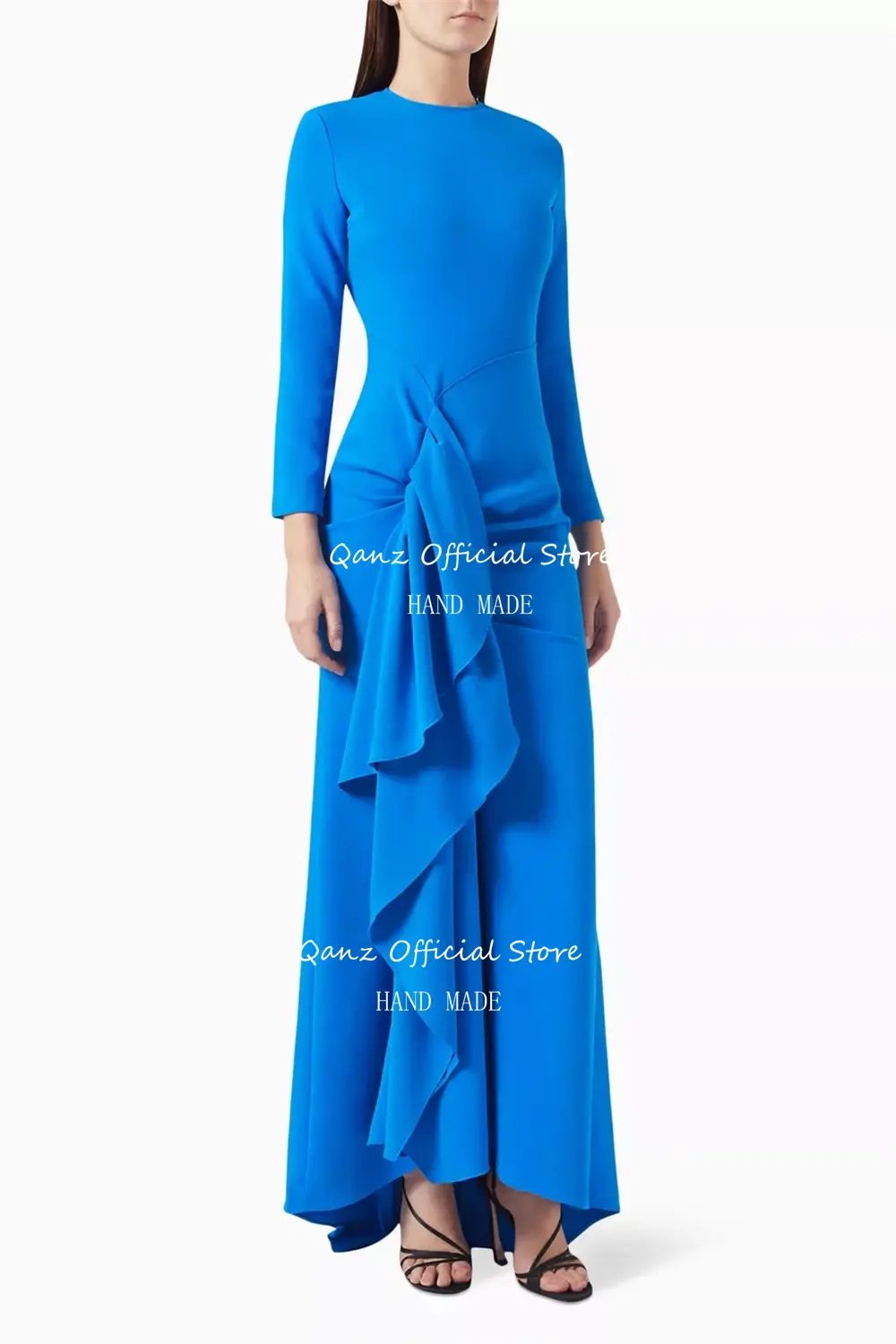 Qanz Elegant Mermaid Evening Dresses Dubai Abendkleid Long Sleeves Ruched Pleat O Neck Pink Formal Occasion Dresses Customized