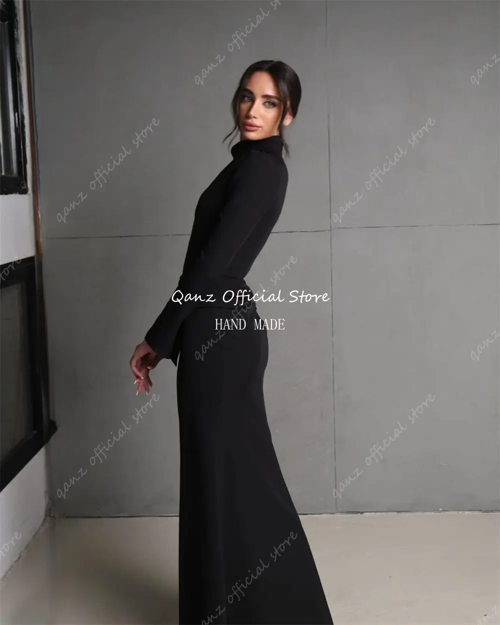 Qanz Mermaid Evening Dresses Black Satin Long Sleeves Slim Fitting Vestidos De Fiesta Pageant Dresses for Women Customized