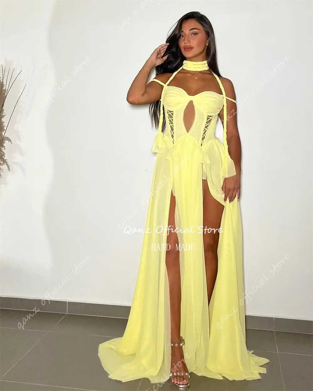 Qazn Yellow Chiffon Evening Dresses High Slit Spaghetti Straps Long Robes De Soirée Formal Occasion Dresses 2024 Customized