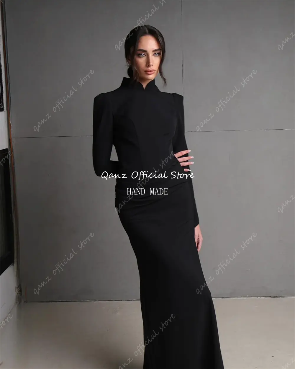 Qanz Mermaid Evening Dresses Black Satin Long Sleeves Slim Fitting Vestidos De Fiesta Pageant Dresses for Women Customized