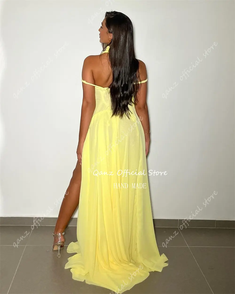 Qazn Yellow Chiffon Evening Dresses High Slit Spaghetti Straps Long Robes De Soirée Formal Occasion Dresses 2024 Customized