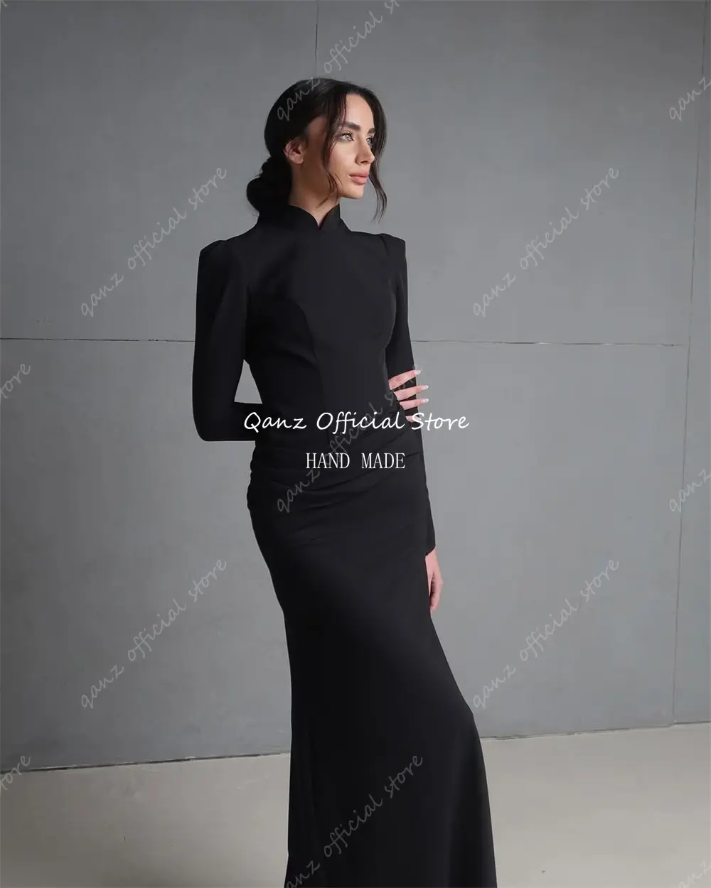 Qanz Mermaid Evening Dresses Black Satin Long Sleeves Slim Fitting Vestidos De Fiesta Pageant Dresses for Women Customized