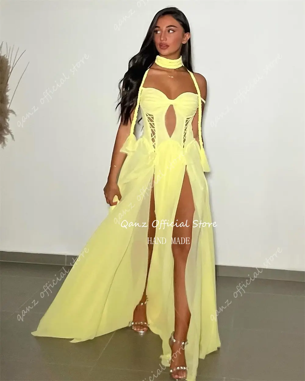 Qazn Yellow Chiffon Evening Dresses High Slit Spaghetti Straps Long Robes De Soirée Formal Occasion Dresses 2024 Customized