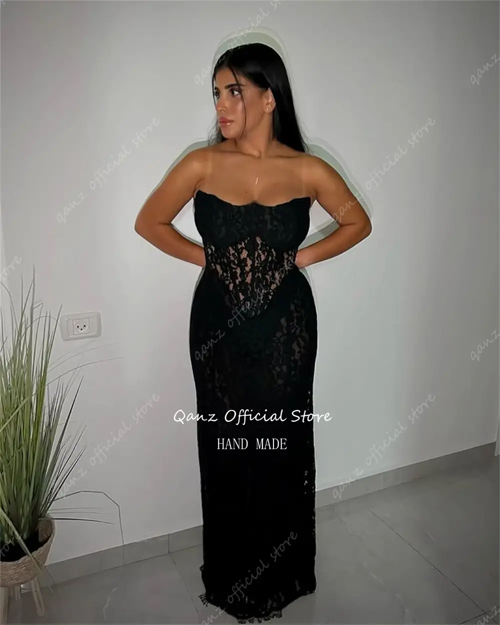Qanz Elegant Black Lace Prom Dresses Mermaid Sleeveless See Through Evening Gowns Sweetheart Vestidos De Festa Customized