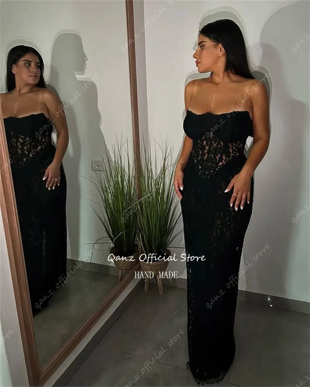 Qanz Elegant Black Lace Prom Dresses Mermaid Sleeveless See Through Evening Gowns Sweetheart Vestidos De Festa Customized