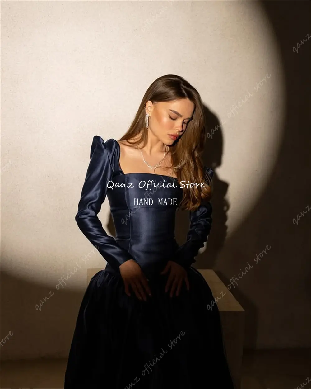 Qanz Navy Blue Satin Evening Dresses Long Sleeves Square Neck Vestidos De Fiesta Elegantes A Line Robes De Soirée Customized