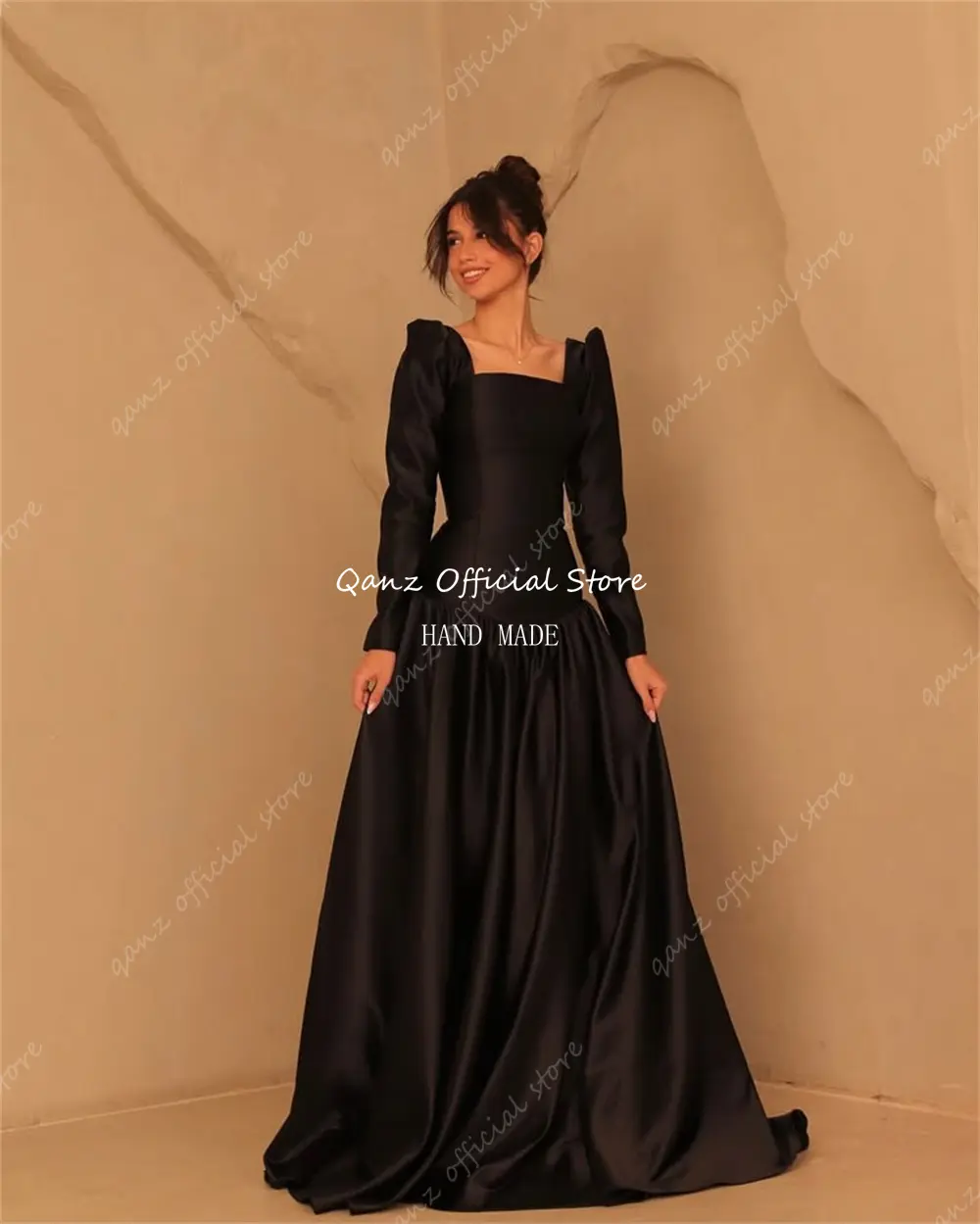 Qanz Navy Blue Satin Evening Dresses Long Sleeves Square Neck Vestidos De Fiesta Elegantes A Line Robes De Soirée Customized