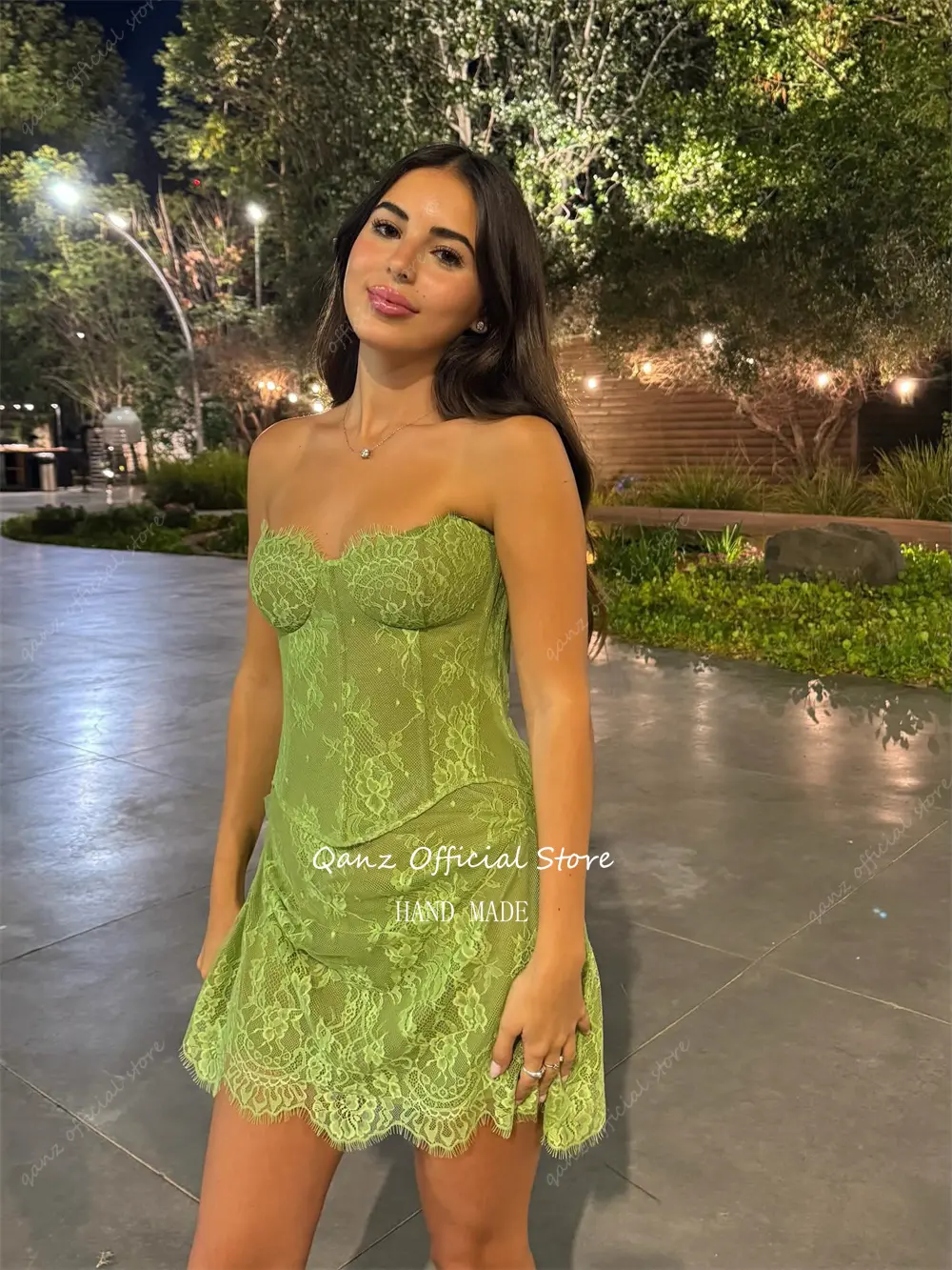 Qanz Mustard Green Sweetheart Prom Dresses Mini Dress Party Night Full Lace Appliques Illusion Vestidos De Festa Customized