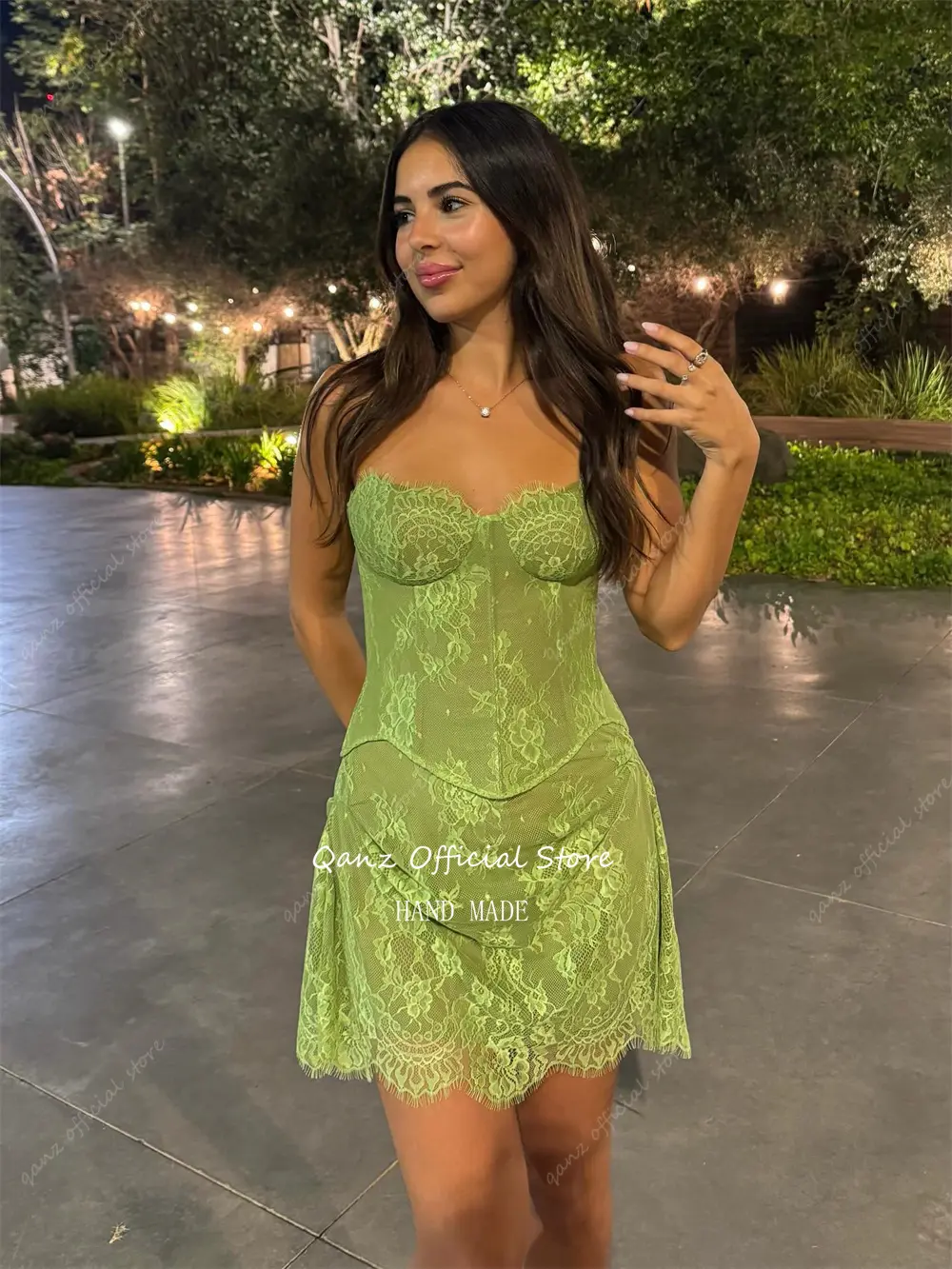 Qanz Mustard Green Sweetheart Prom Dresses Mini Dress Party Night Full Lace Appliques Illusion Vestidos De Festa Customized