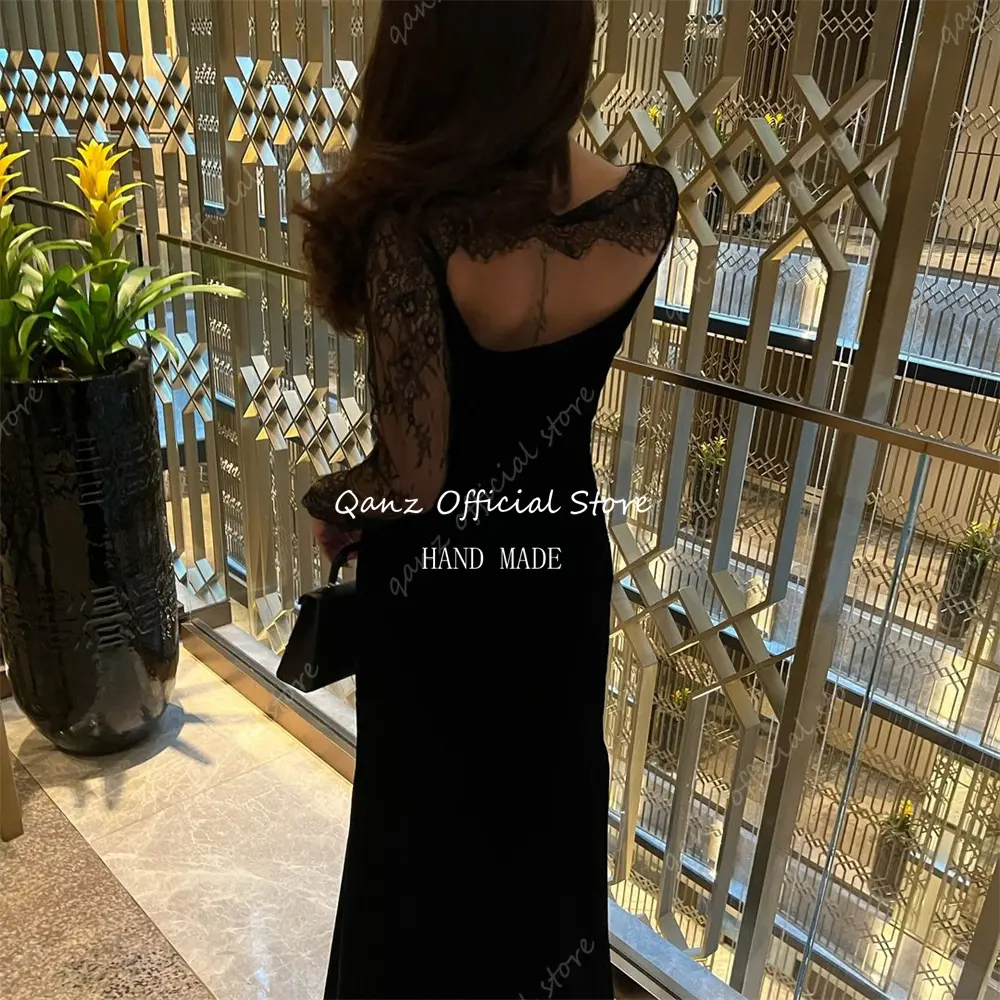 Qanz Formal Black Lace Evening Dresses Sheer Long Sleeves Mermaid Vestido Femininos Backless Satin Prom Party Gowns Customized