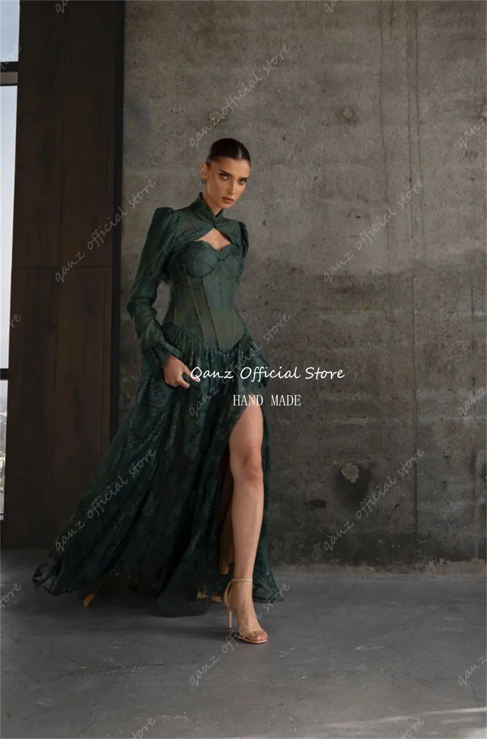 Qanz Modest High Slit Evening Dresses Green Lace With Jacket Long Sleeves Prom Dresses 2025 Corsetvestidos De Fiesta Customized