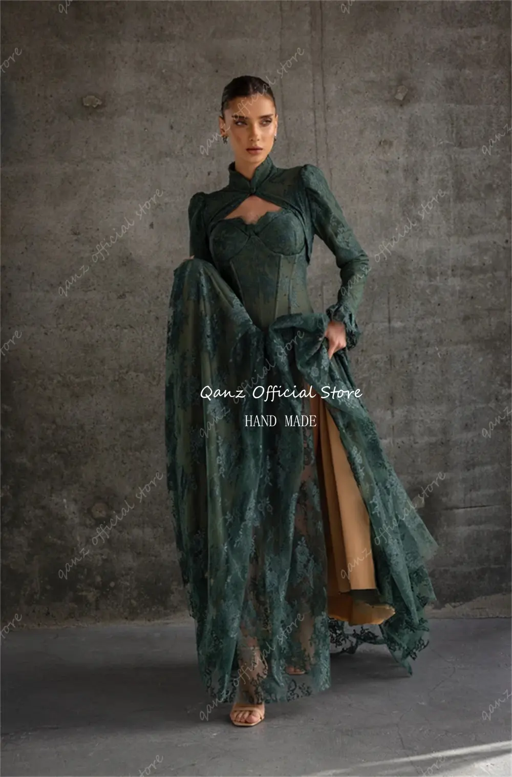 Qanz Modest High Slit Evening Dresses Green Lace With Jacket Long Sleeves Prom Dresses 2025 Corsetvestidos De Fiesta Customized