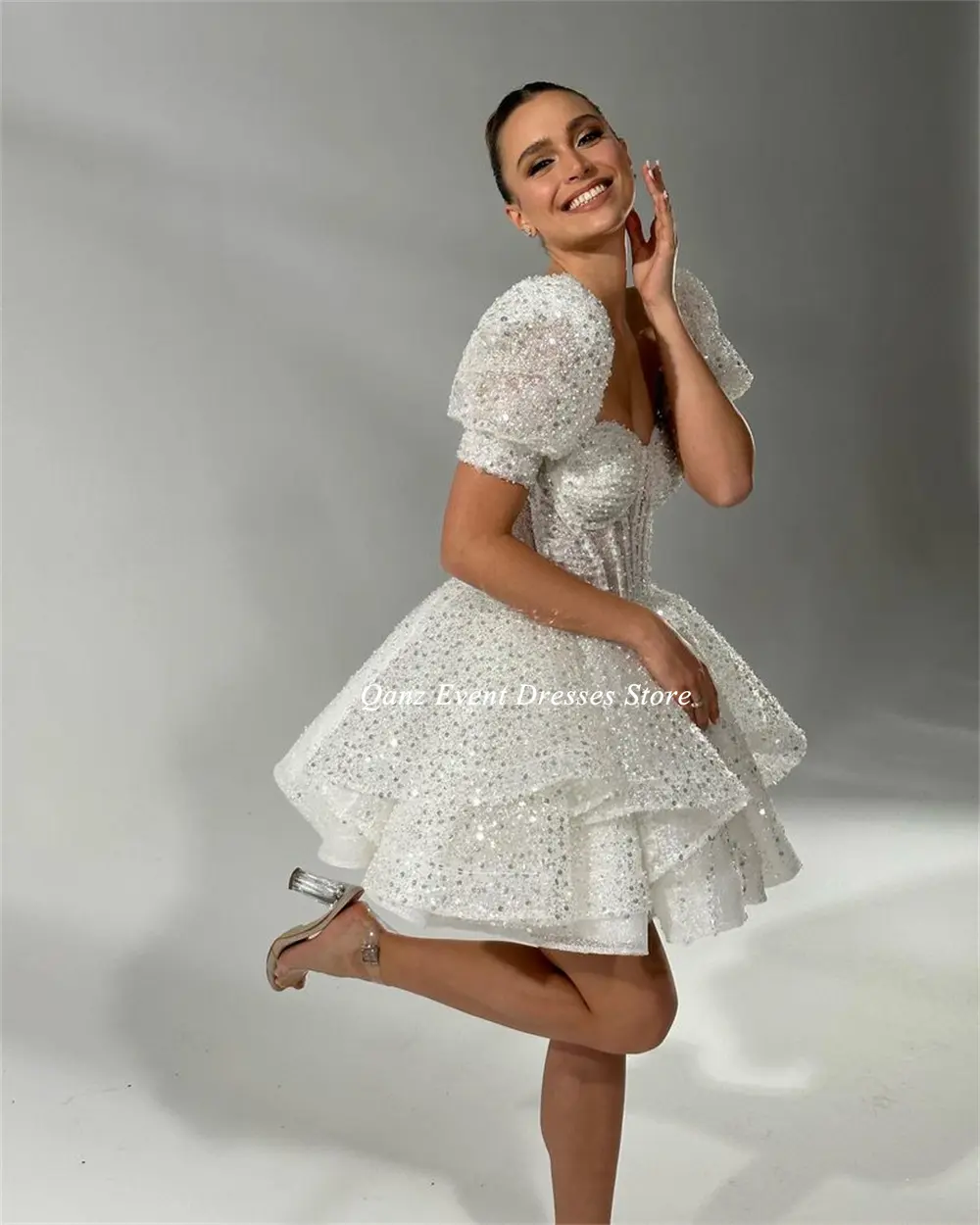 Qanz Short Sequined Beadings Wedding Dresses Puff Sleeves Princess Sweetheart Party Dresses Dress Women Luxury Customized