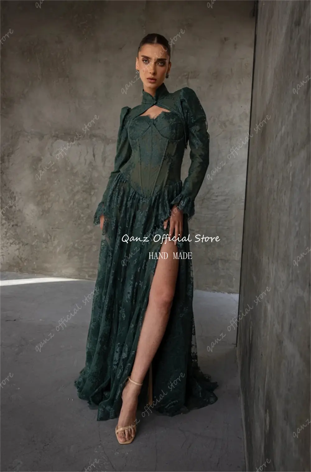 Qanz Modest High Slit Evening Dresses Green Lace With Jacket Long Sleeves Prom Dresses 2025 Corsetvestidos De Fiesta Customized
