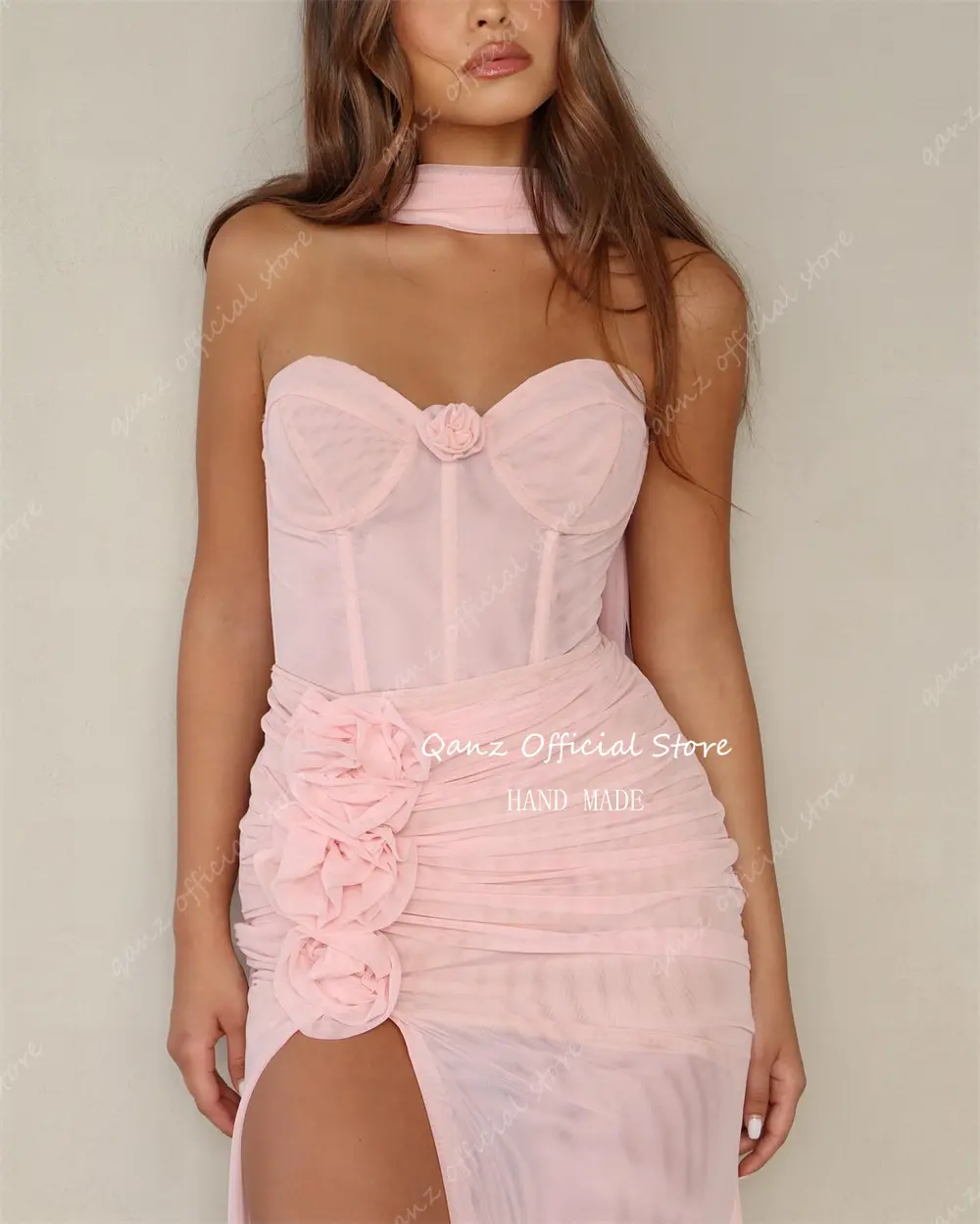 Qanz Pink Evening Dresses High Slit Chiffon Party Gowns Women Flowers Ribbon Sweetheart Illusion Mermaid Prom Dresses Customized