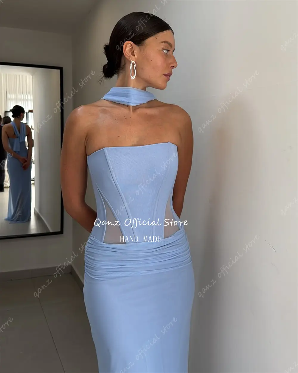 Qanz Light Blue Prom Dresses Modern Chiffon Mermaid Backless Vestidos De Fiesta Illusion Strapless Evening Dress Customized