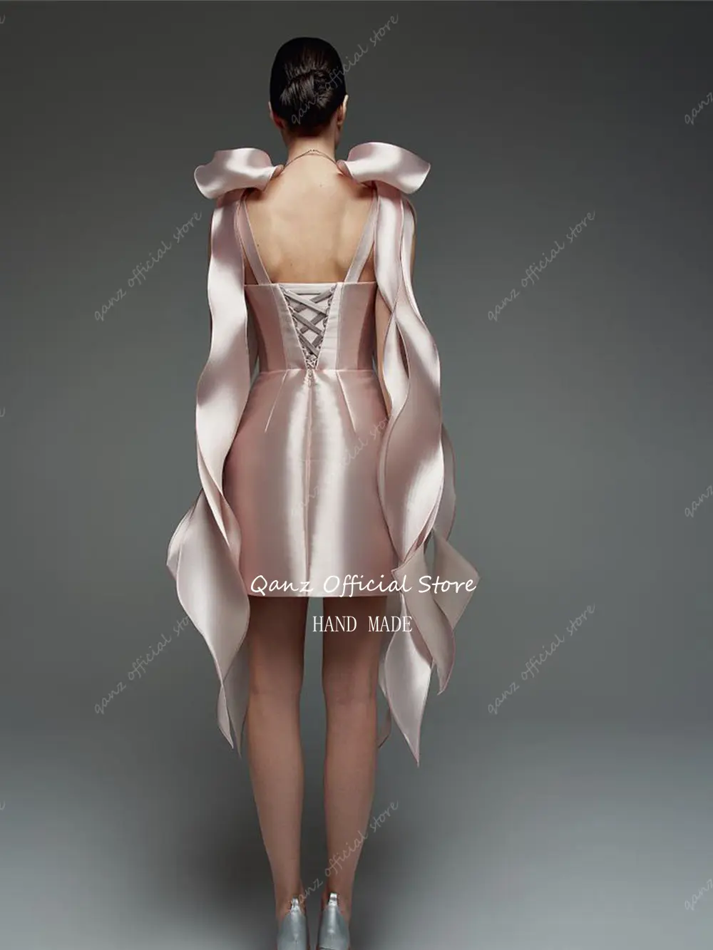 Qanz Rose Gold Satin Prom Dresses Bow Straps Mini Graduation Dress Strapless Open Back Vestido De Graduación De Mujer Customized