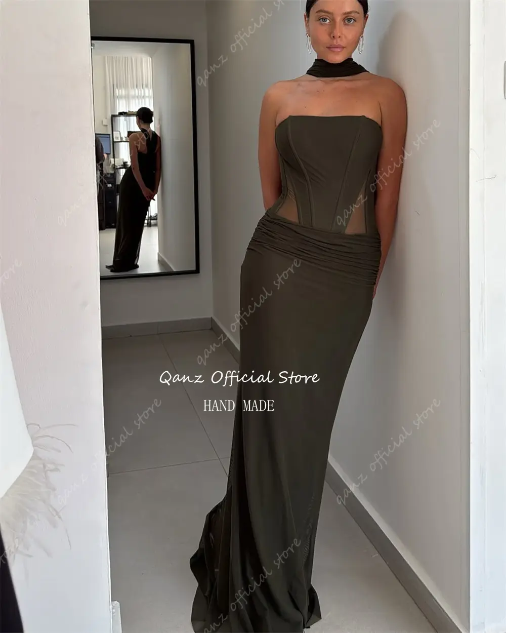 Qanz Light Blue Prom Dresses Modern Chiffon Mermaid Backless Vestidos De Fiesta Illusion Strapless Evening Dress Customized