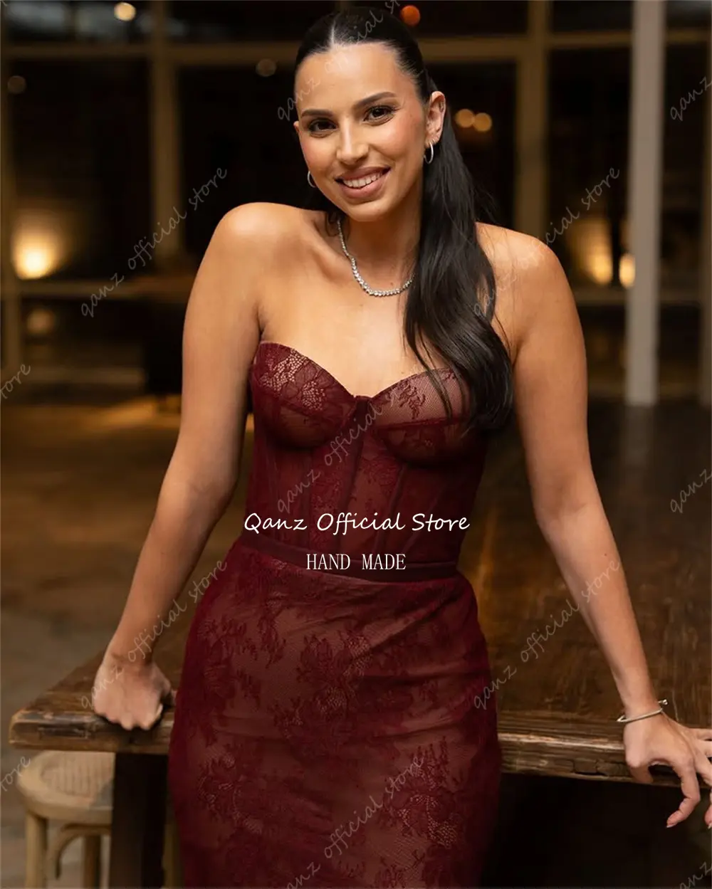 Qanz Burgundy Lace Appliques Evening Dresses Sweetheart Mermaid Prom Gowns Corset Back Vestidos De Boda Para Fiestas Customized