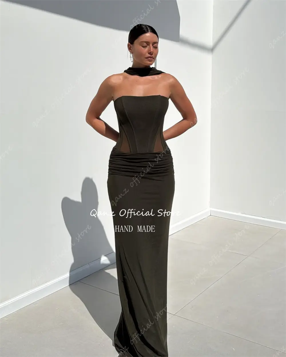 Qanz Light Blue Prom Dresses Modern Chiffon Mermaid Backless Vestidos De Fiesta Illusion Strapless Evening Dress Customized