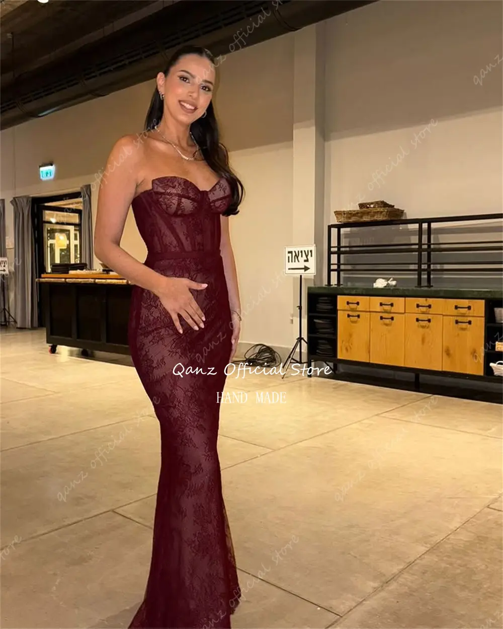 Qanz Burgundy Lace Appliques Evening Dresses Sweetheart Mermaid Prom Gowns Corset Back Vestidos De Boda Para Fiestas Customized