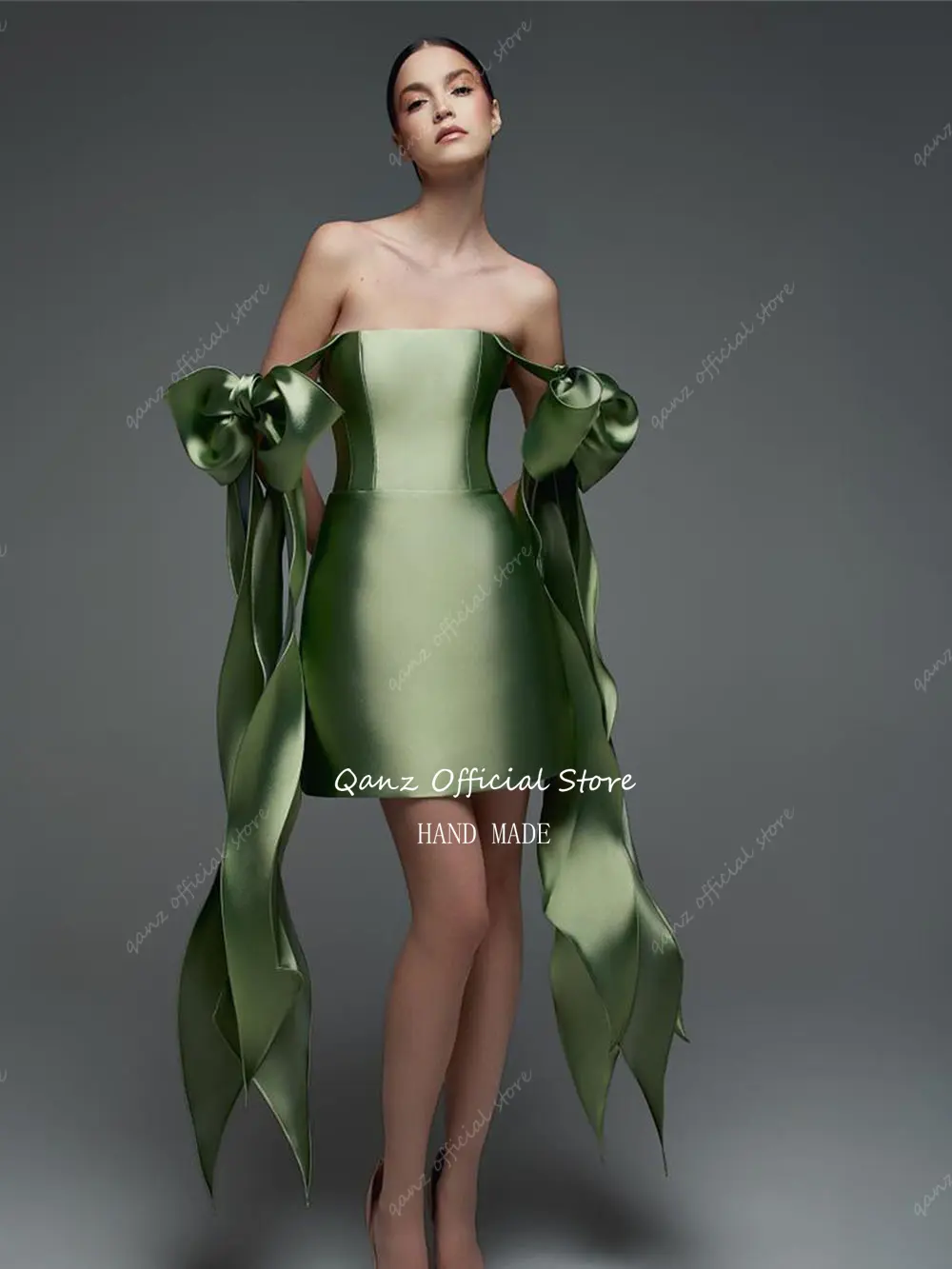 Qanz Rose Gold Satin Prom Dresses Bow Straps Mini Graduation Dress Strapless Open Back Vestido De Graduación De Mujer Customized