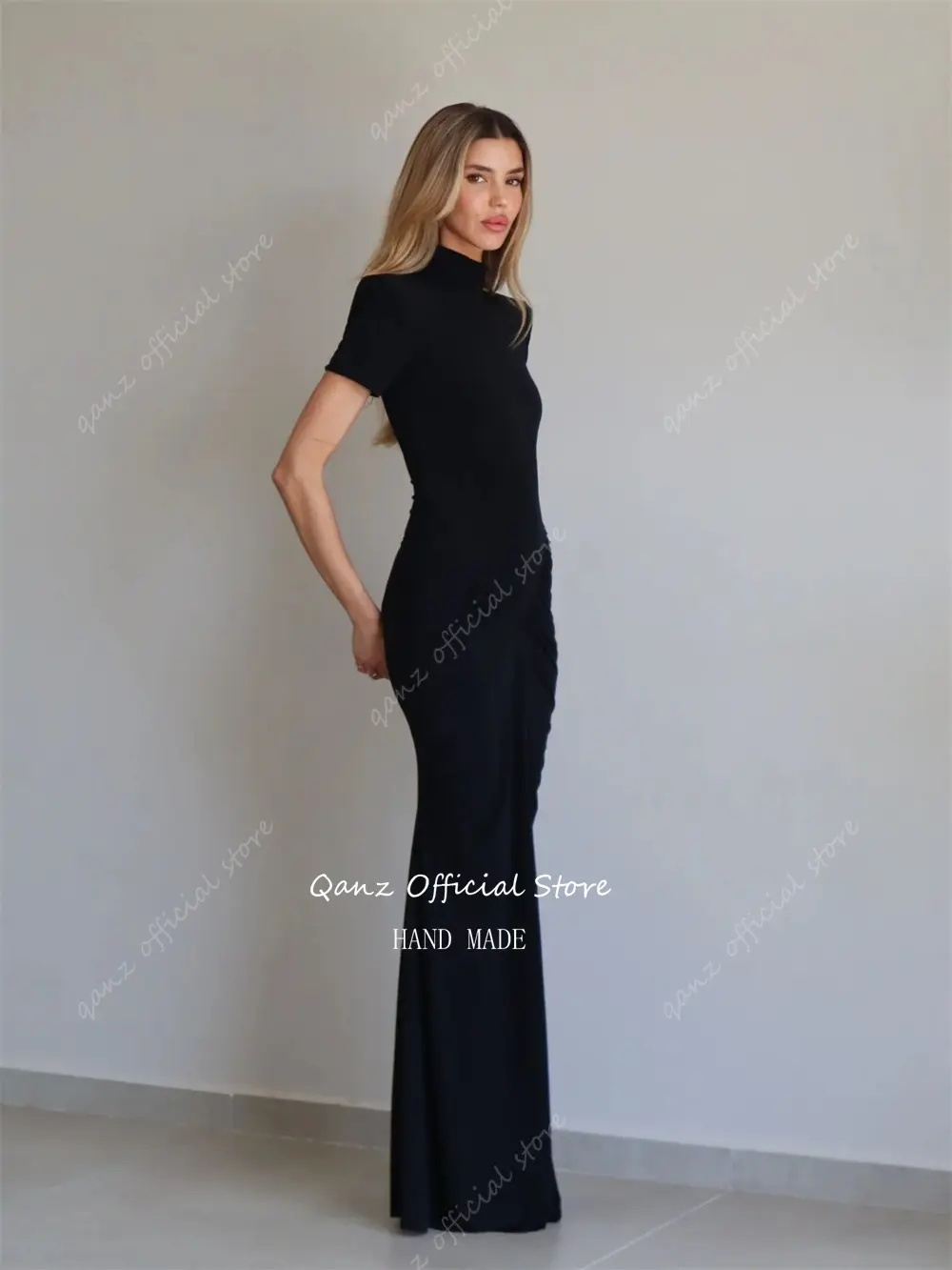 Qanz Modest Black Evening Dresses High Neck Mermaid Evening Dresses Luxury Party Short Sleeves Vestidos De Gala Customized