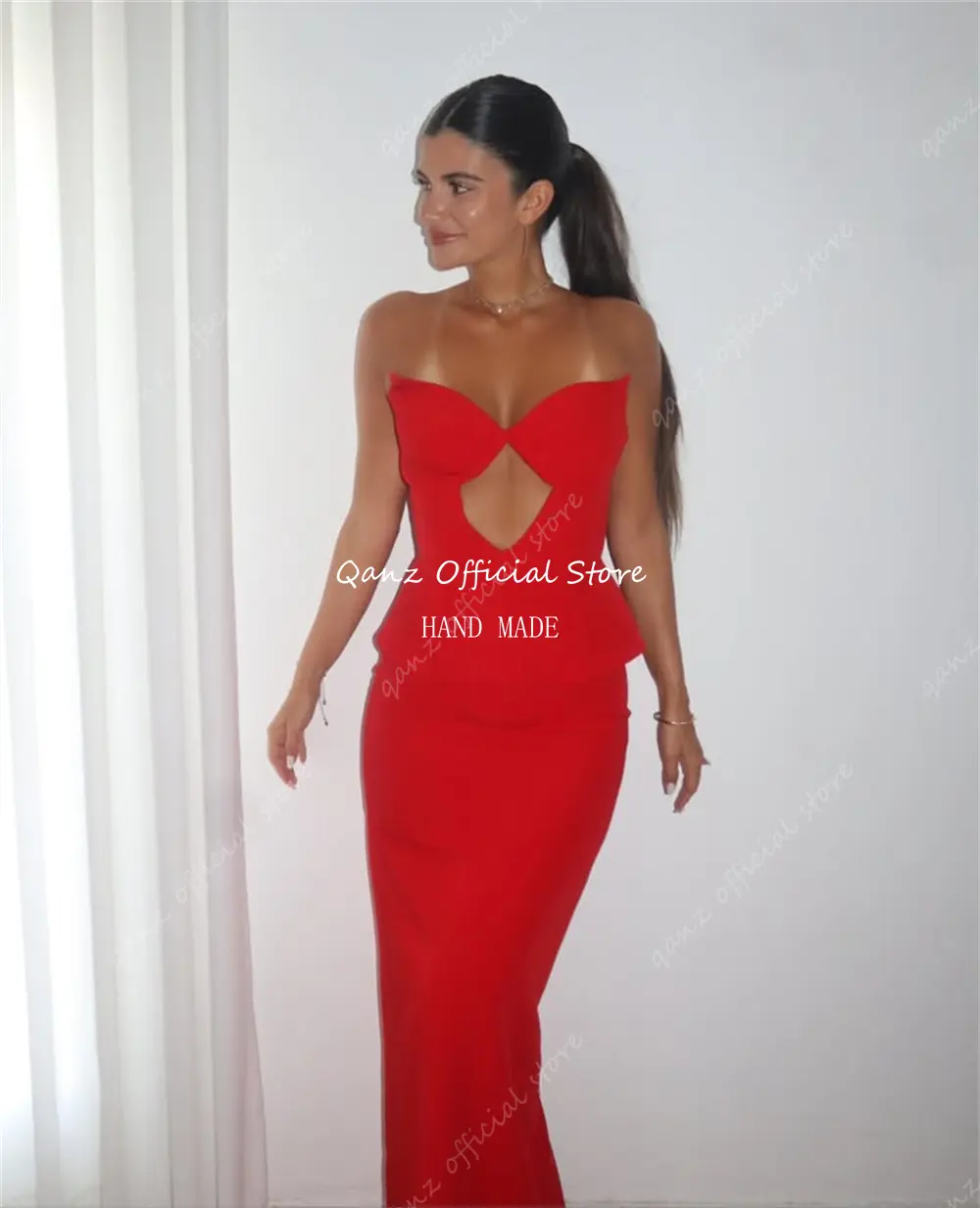 Qanz Vitange Red Satin Prom Dresses 2 Pieces Mermaid Sweetheat Evening Dresses Lace Up Back Women Vestidos De Festa Customized
