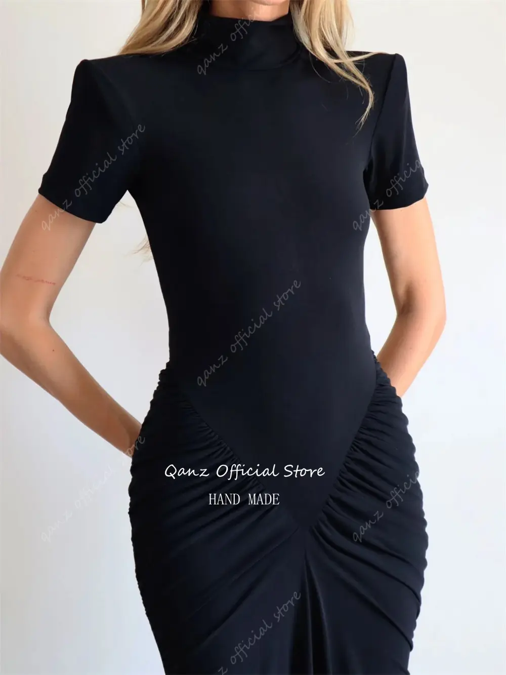 Qanz Modest Black Evening Dresses High Neck Mermaid Evening Dresses Luxury Party Short Sleeves Vestidos De Gala Customized