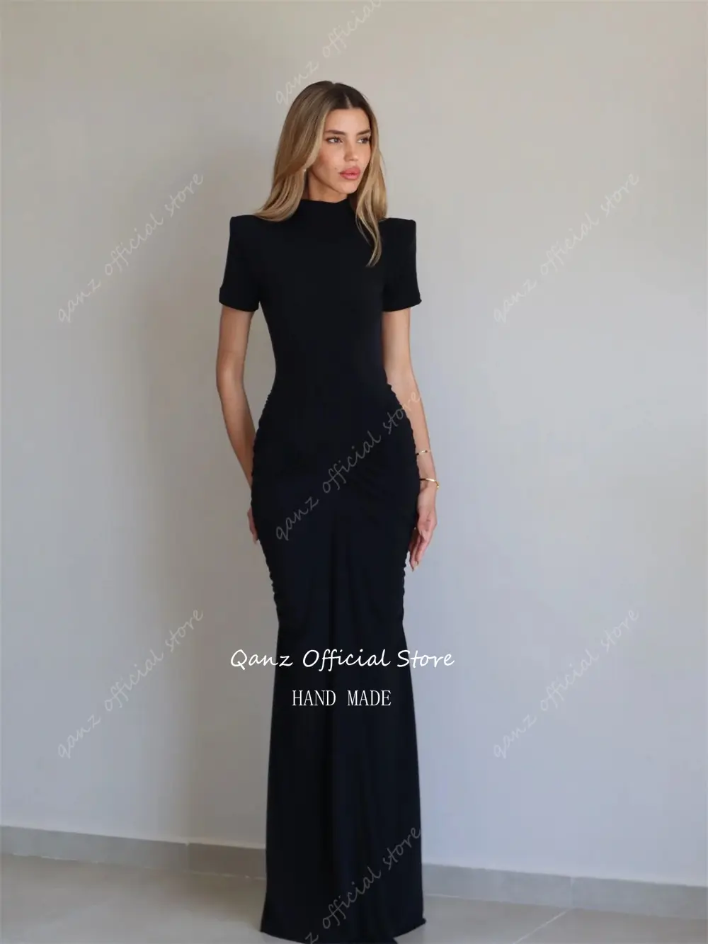 Qanz Modest Black Evening Dresses High Neck Mermaid Evening Dresses Luxury Party Short Sleeves Vestidos De Gala Customized