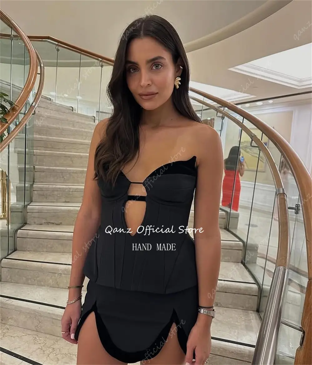 Qanz Mini Black Satin Prom Dresses Corset Back  Bespoke Occasion Dresses Sweetheart Plus Size Vestidos De Fiesta Customized